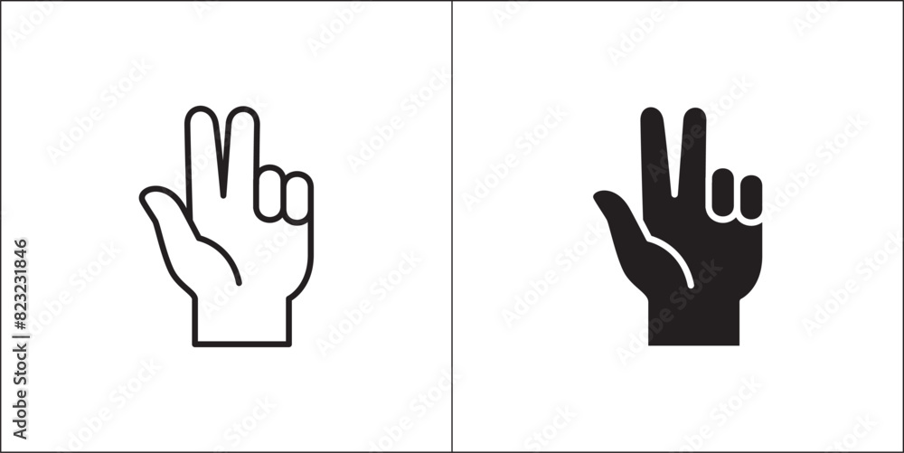 Three finger hand icon. Three finger hand gesture. Number Three sign hand. Vector stock illustration. Flat and line design style. Isolated on white background.