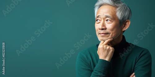 Teal background sad Asian man. Portrait of older mid-aged person beautiful bad mood expression boy Isolated on Background depression anxiety fear burn out health issue photo