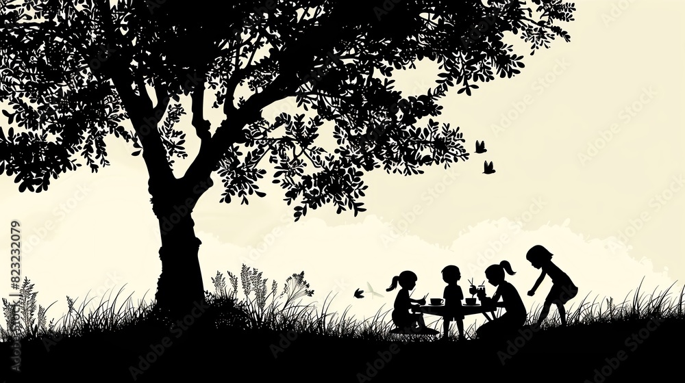 Create a silhouette of children having a picnic under a tree Create a silhouette of children having a picnic under a tree