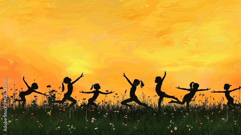 Draw a silhouette of children practicing yoga on a grassy field Draw a silhouette of children practicing yoga on a grassy field