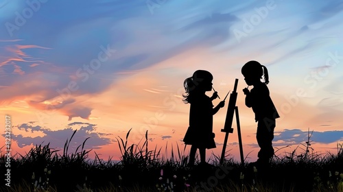 Show a silhouette of children painting on an easel outside