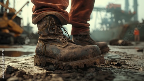 Close-Up of Workers' Boots at Shipyard in Industrial Setting photo