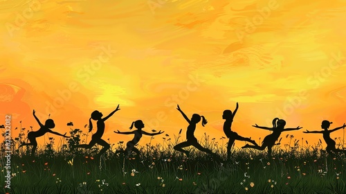 Draw a silhouette of children practicing yoga on a grassy field