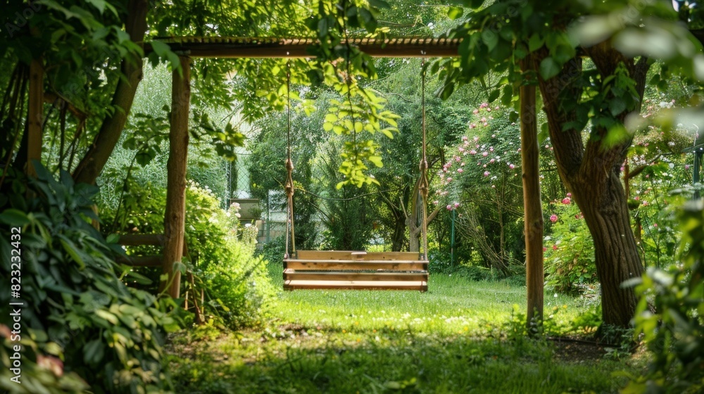 A wooden swing hangs invitingly in a lush green garden, offering a peaceful spot for relaxation and enjoyment of nature A wooden swing hangs invitingly in a lush green garden, offering a peaceful spot for relaxation and enjoyment of nature