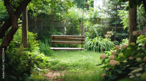A wooden swing hangs invitingly in a lush green garden, offering a peaceful spot for relaxation and enjoyment of nature © Nijat