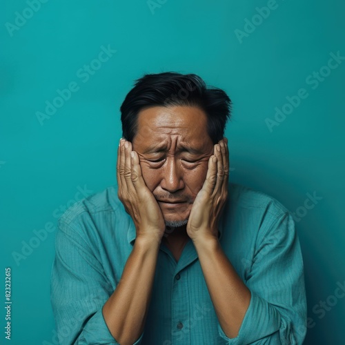 Turquoise background sad Asian man. Portrait of older mid-aged person beautiful bad mood expression boy Isolated on Background depression anxiety fear burn out 