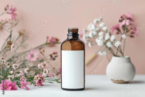 Amber Glass Bottle with Blank Label on Natural Background