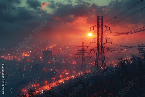 High voltage lines and iron towers transmit electricity to cities at sunset #823232824