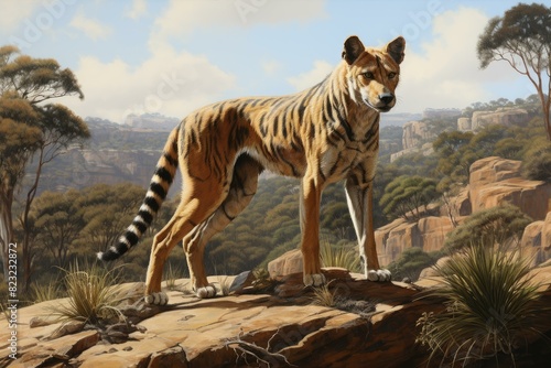 Striped Tasmanian tiger. Mammal wildlife travel. Generate Ai