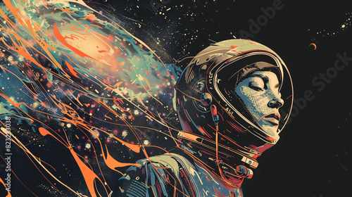 Sketch of a child in a spacesuit floating in outer space, surrounded by stars and planets photo