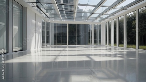 A view of empty sunny white room with nobody in it. Large windows  sunlight and shadows. New minimalistic interior in house terrace office loft. 