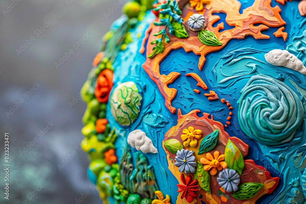 Vibrant, chunky clay-style illustration depicting planet Earth with a textured, handcrafted look, featuring bright blues, greens, and a playful, artistic aesthetic Vibrant, chunky clay-style illustration depicting planet Earth with a textured, handcrafted look, featuring bright blues, greens, and a playful, artistic aesthetic