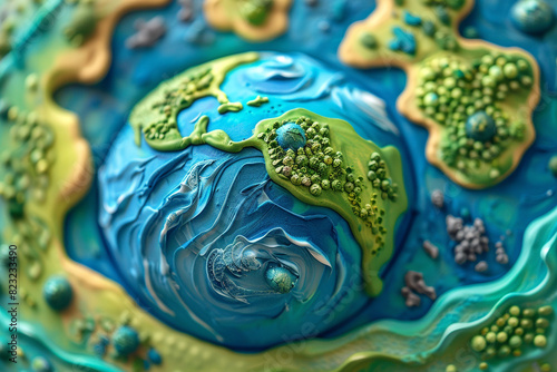 Vibrant, chunky clay-style illustration depicting planet Earth with a textured, handcrafted look, featuring bright blues, greens, and a playful, artistic aesthetic  photo