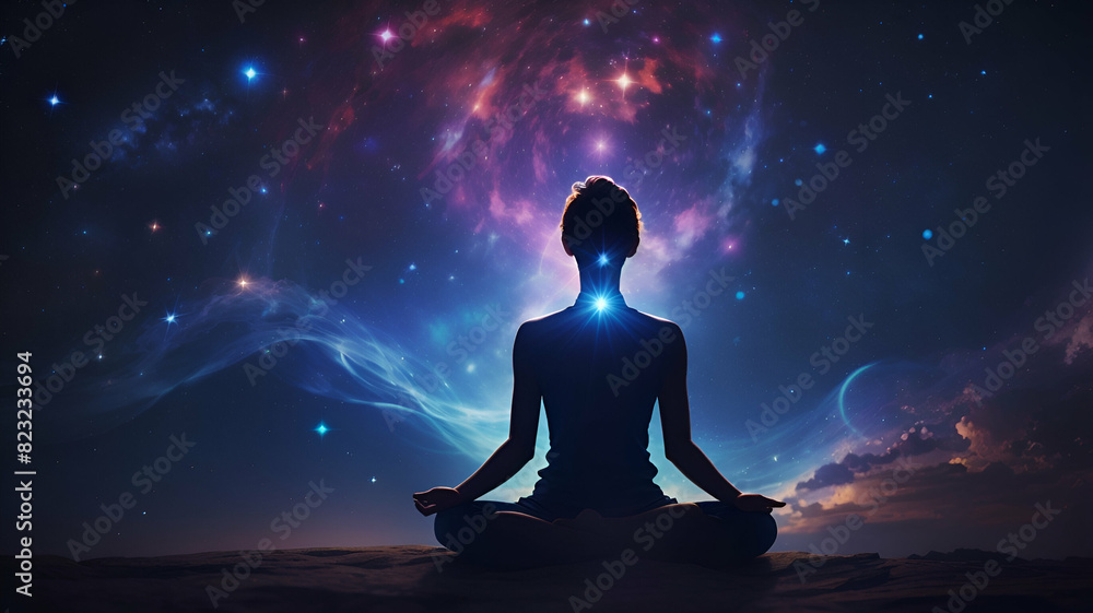 A person mediating under a starry sky with he aura expanding the cosmos. person meditating in lotus position. A person mediating under a starry sky with he aura expanding the cosmos. person meditating in lotus position.