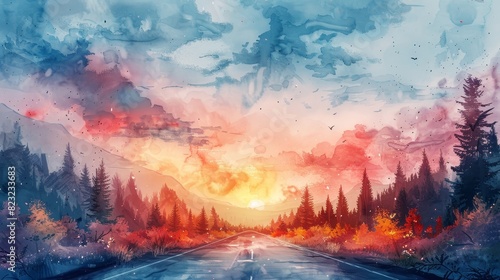 Vibrant watercolor painting of a scenic road through a forest during sunset, capturing the colors and essence of nature and imagination.
