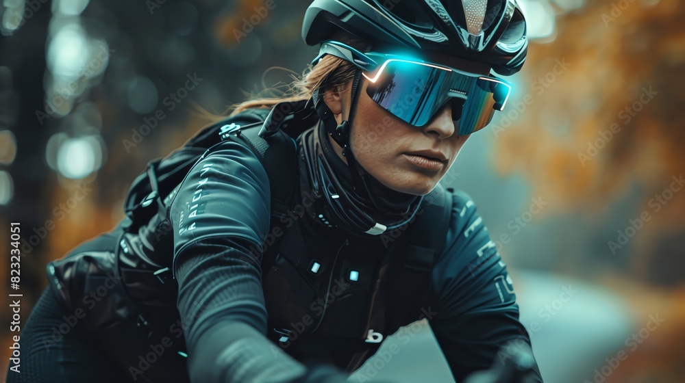 Highend gloves with realtime performance feedback, paired with a sleek helmet featuring AR, Futuristic, Digital, Cool tones, Enhanced cycling Highend gloves with realtime performance feedback, paired with a sleek helmet featuring AR, Futuristic, Digital, Cool tones, Enhanced cycling