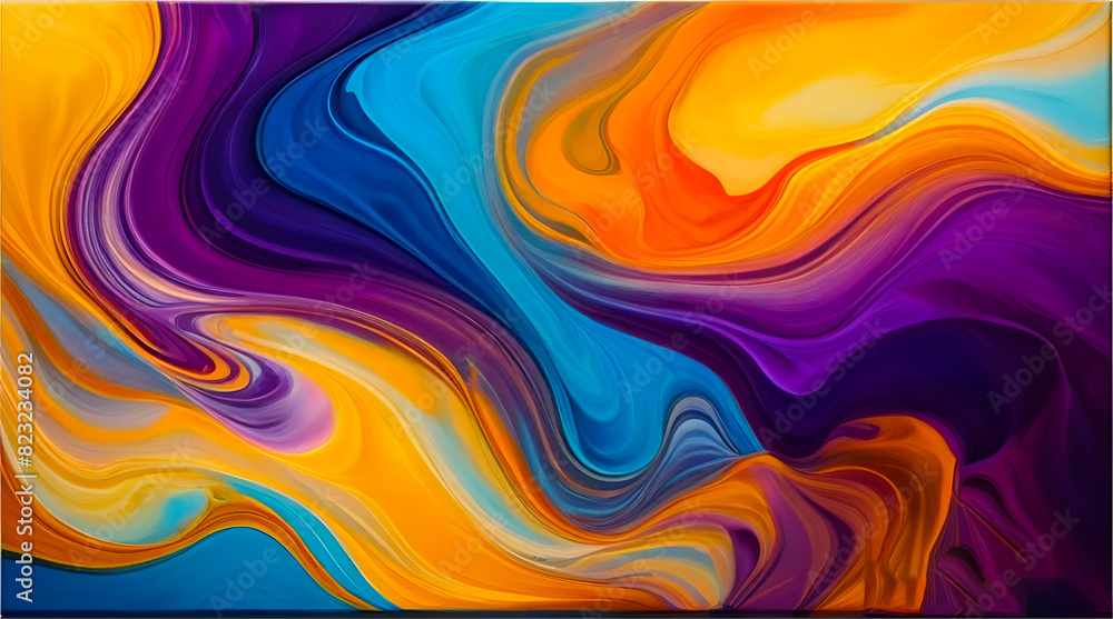 Vibrant and dynamic abstract art piece. The canvas is filled with swirling patterns in hues of blue, purple, yellow, and orange of colorful painting style wavy background Vibrant and dynamic abstract art piece. The canvas is filled with swirling patterns in hues of blue, purple, yellow, and orange of colorful painting style wavy background