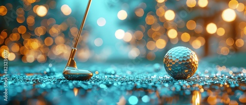 Highend golf club with goldplated accents and a luxury golf ball, against a serene golf background, Opulent, Digital, Soft blues, Exquisite and refined photo
