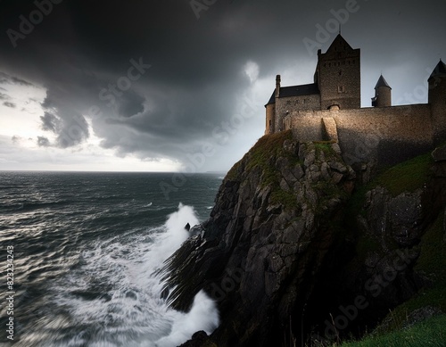 Perched atop a rugged cliff  a formidable castle kingdom overlooks a stormy sea  dark clouds swirling ominously above  crashing waves against the rocky shore below