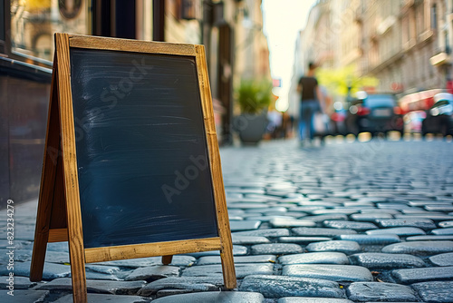 Mockup paving board, sign for Restaurant, cafe, bar on a cobbled street in the old town. Place for text photo