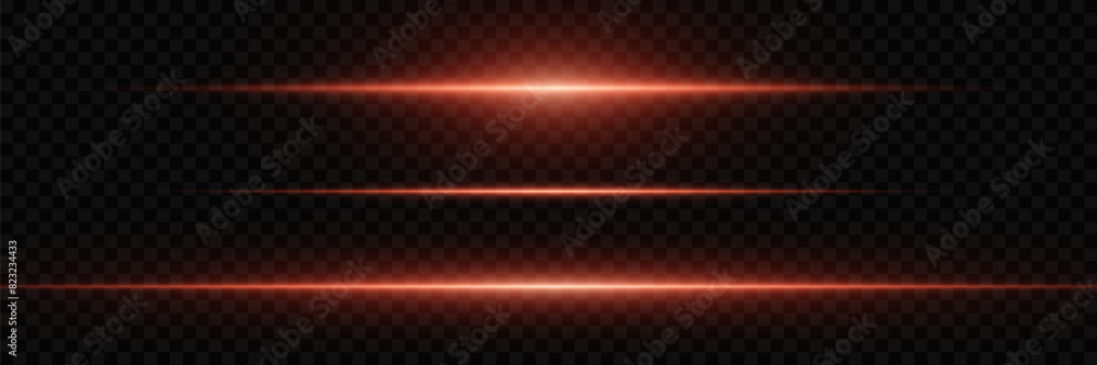 Set of red lines and light explosion. Magic neon light, horizontal beam. On a transparent background. Set of red lines and light explosion. Magic neon light, horizontal beam. On a transparent background.