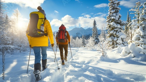 Two hikers trekking through a pristine snow-covered forest with clear blue skies and mountain views, enjoying a winter adventure.