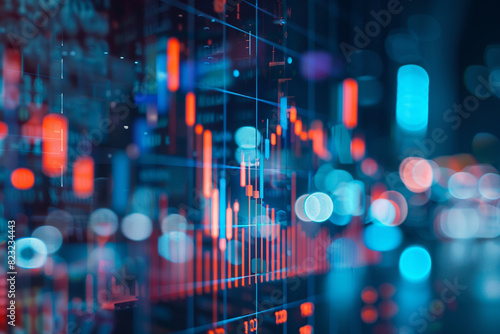 View of stock market expansion, business investment, and data analysis concept featuring digital financial charts, graphs, and indicators against a dark blue blurred background 