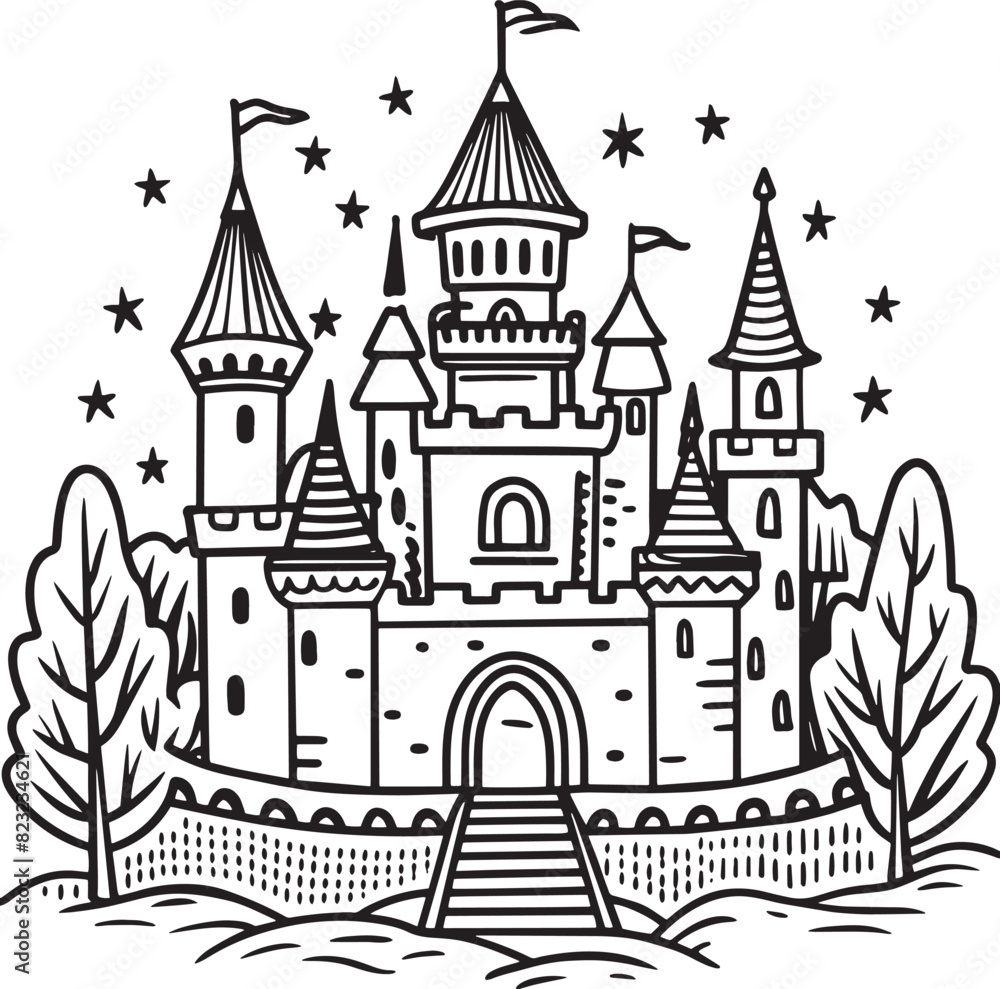 illustration of a castle black and white 