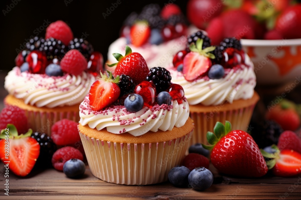 Delectable cupcakes topped with cream and a variety of fresh berries on a wooden background