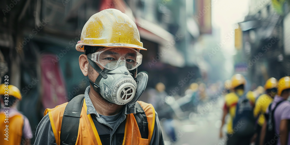 Construction worker wears high-grade dust mask on site to protect against glass particles Construction worker wears high-grade dust mask on site to protect against glass particles