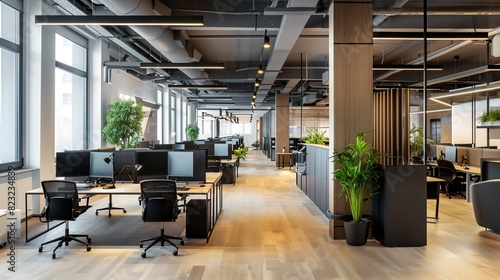 Modern open plan office interior workspace . Generative Ai photo