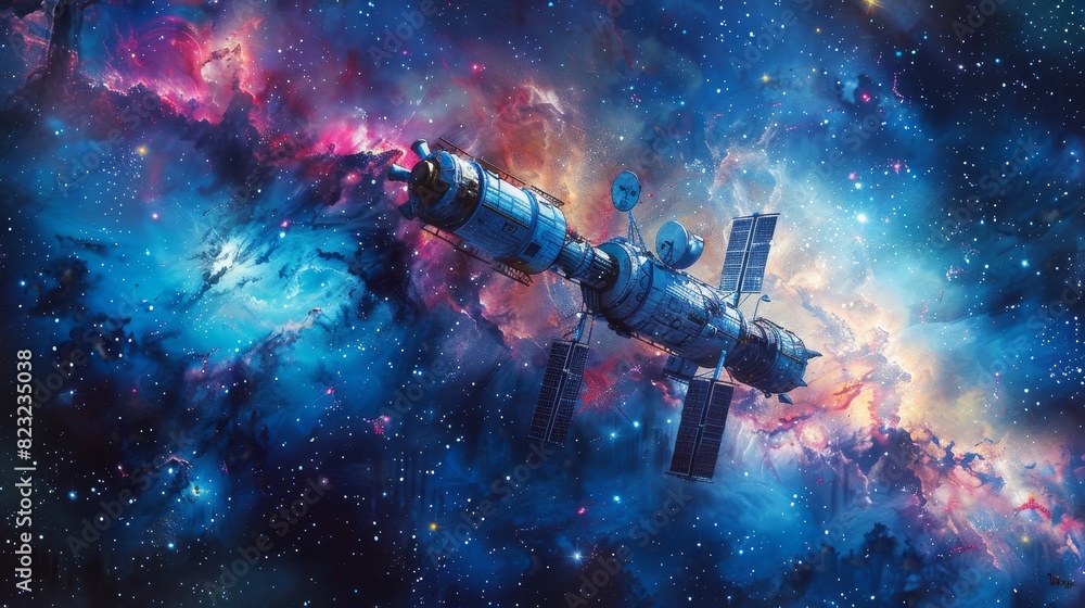 Stunning space station in vibrant nebula, showcasing the magnificence of outer space exploration and advanced technology against a galactic backdrop. Stunning space station in vibrant nebula, showcasing the magnificence of outer space exploration and advanced technology against a galactic backdrop.