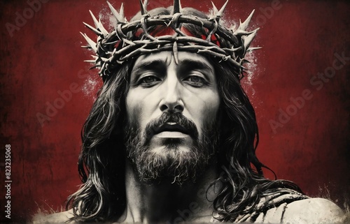 An image of Jesus Christ wearing a solemn crown of thorns, with a poignant backdrop, offering ample copy space for reflection or message inclusion.
