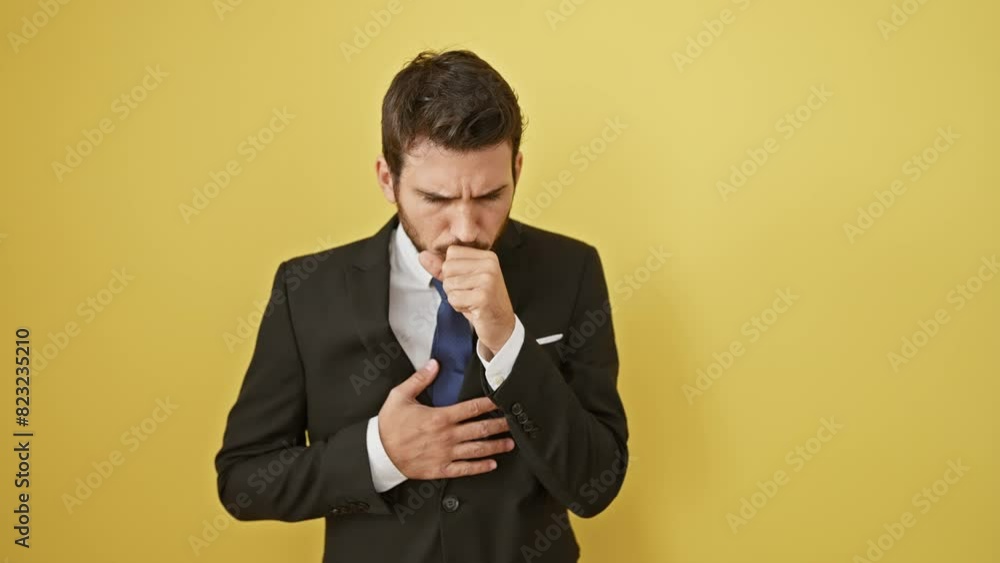 Unwell young hispanic guy in a suit, coughing up a storm; could it be cold, bronchitis or worse? health care alert on a yellow backdrop. Unwell young hispanic guy in a suit, coughing up a storm; could it be cold, bronchitis or worse? health care alert on a yellow backdrop.