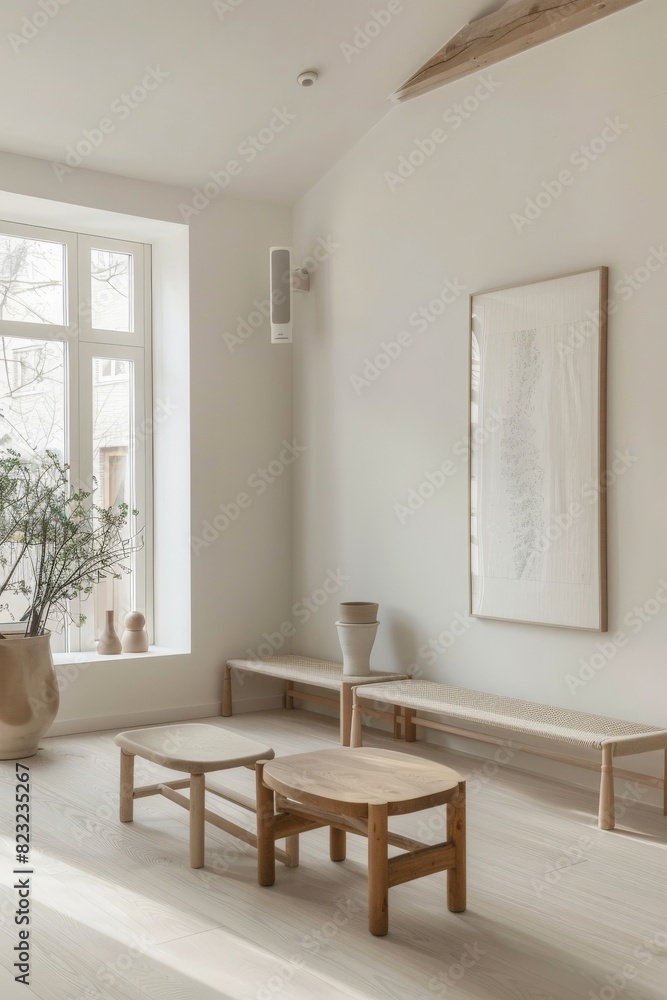 Minimalist living room with Scandinavian style, frame on wall, and large windows for your background business, poster, wallpaper, banner, backdrop, greeting cards, and advertising for business entitie Minimalist living room with Scandinavian style, frame on wall, and large windows for your background business, poster, wallpaper, banner, backdrop, greeting cards, and advertising for business entitie