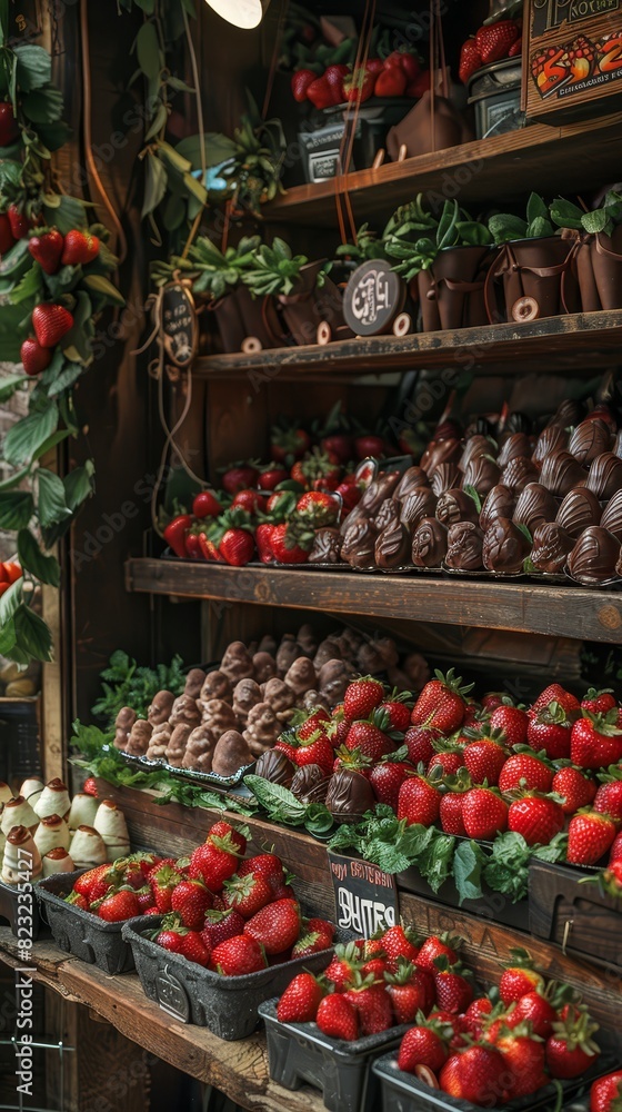 Fresh strawberries displayed in a rustic market setting with shelves full of vibrant, ripe fruit and delightful decor. Fresh strawberries displayed in a rustic market setting with shelves full of vibrant, ripe fruit and delightful decor.