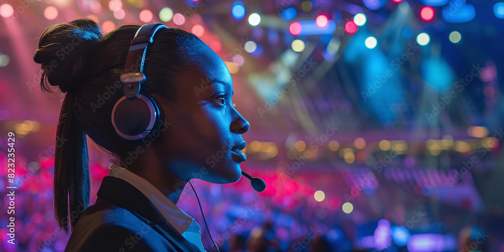 Black female event manager with headset watching concert venue Black female event manager with headset watching concert venue