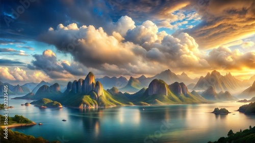 A panoramic landscape digital art creation showcasing a wide vista of layered mountains cascading towards a serene sea, matching the temperature and exposure of the reference image.  photo