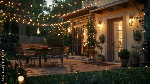 An inviting suburban home's patio, adorned with string lights, offers a cozy retreat on a summer evening © Nijat