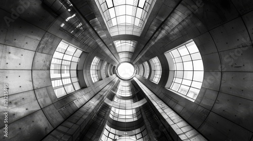 Stunning black and white architectural image providing a mesmerizing view looking up from a circular enclosed space with geometric patterns.