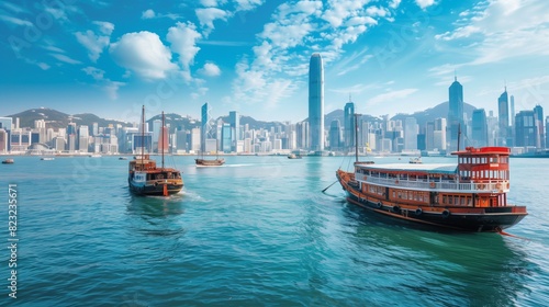 Hong Kong harbor, with traditional junk boats and modern skyscrapers, blends old and new beautifully.