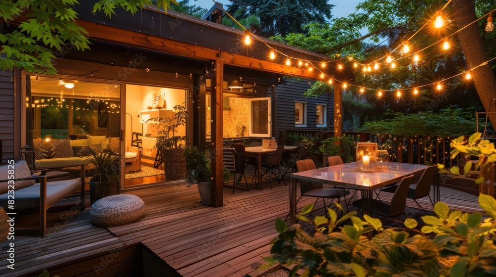 An inviting suburban home's patio, adorned with string lights, offers a cozy retreat on a summer evening