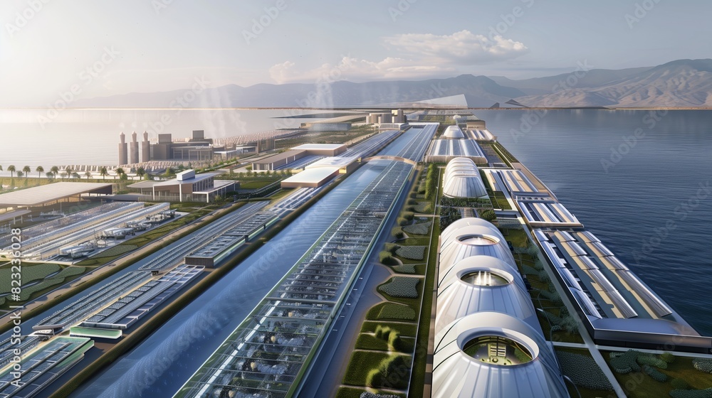 Fototapeta premium A top-tier clean energy hub with advanced desalination, hydrogen fuel cells, and a renewable-powered eco-city.