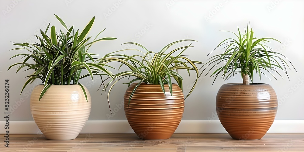 Three potted plants arranged in a row on a wooden floor against a white wall. Concept Home Decor, Interior Design, Plant Arrangement, Minimalist Living, Natural Elements