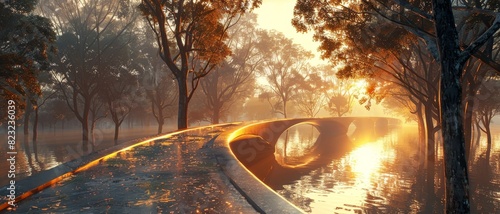 Scenic sunrise over a serene forest with a futuristic bridge and reflective water creating a tranquil and picturesque landscape. photo