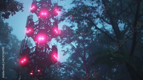 Mysterious red-lit tower amid dense fog and tall trees in a dark forest, creating a futuristic and eerie atmosphere. photo