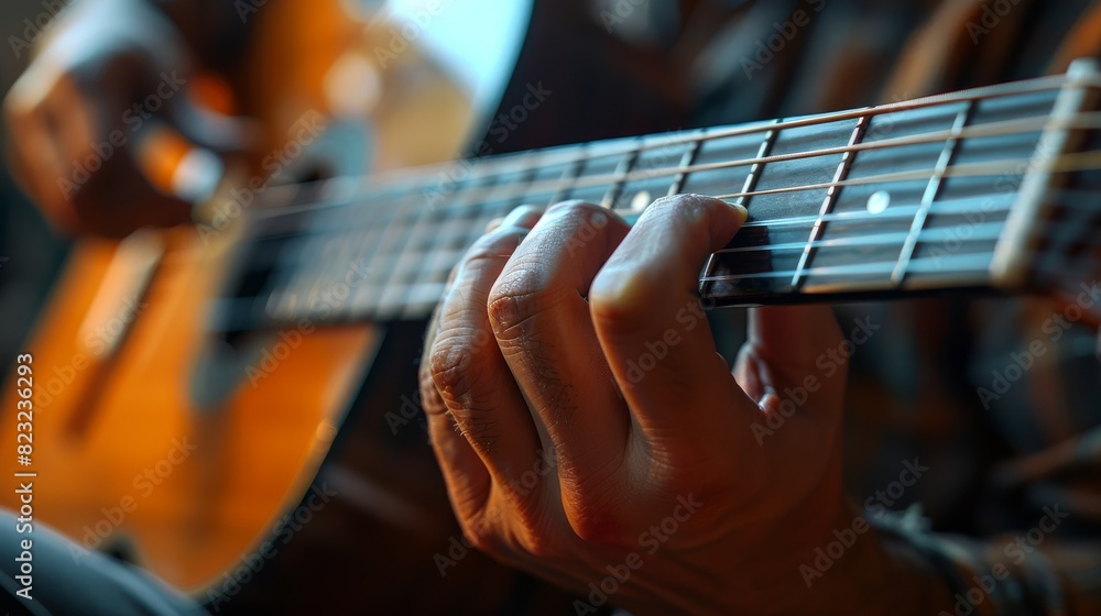 Fototapeta premium A person is playing a guitar, and the image conveys a sense of passion