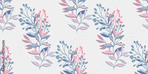 Abstract artistic bouquet with branches floral leaves, leaf stems seamless pattern. Pastel creative plants printing on a light background. Vector hand drawing. Template for designs, textile, fashion