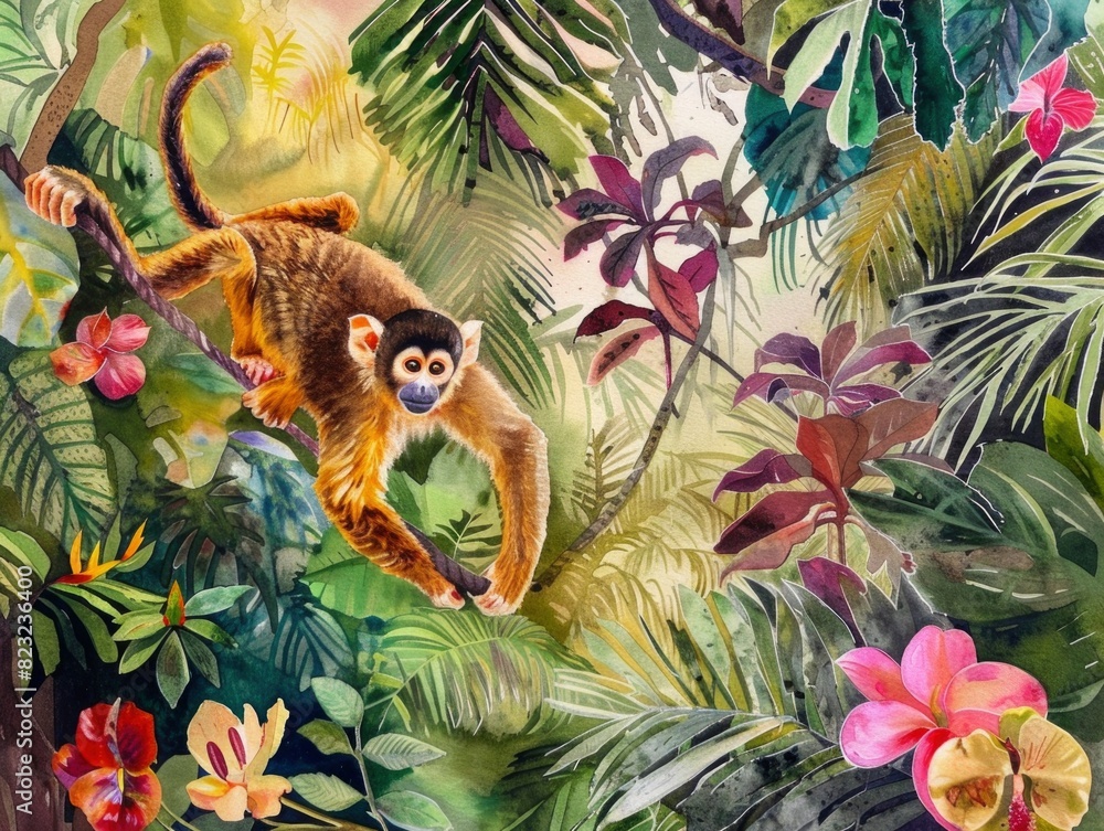 Obraz premium A monkey is swinging from a tree branch in a jungle. The painting is full of vibrant colors and lush greenery, creating a lively and energetic atmosphere