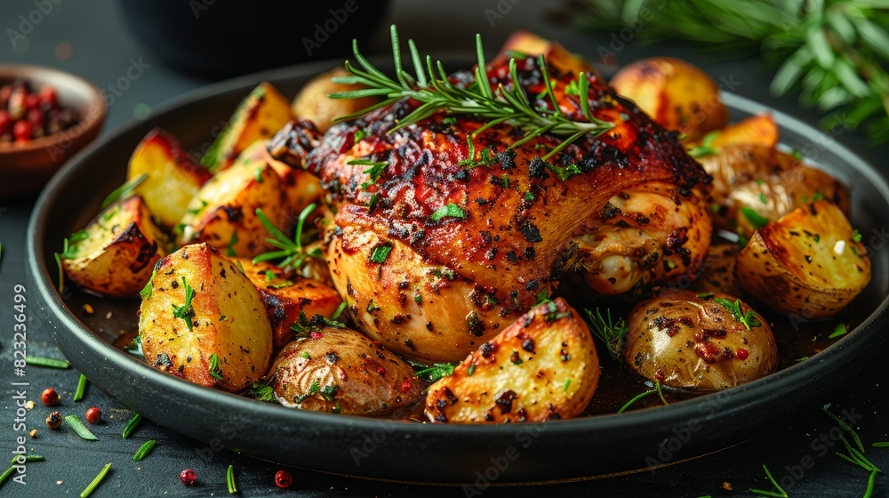Roasted chicken with potatoes on dark plate. Grey background. Close up. Top view. Roasted chicken with potatoes on dark plate. Grey background. Close up. Top view.